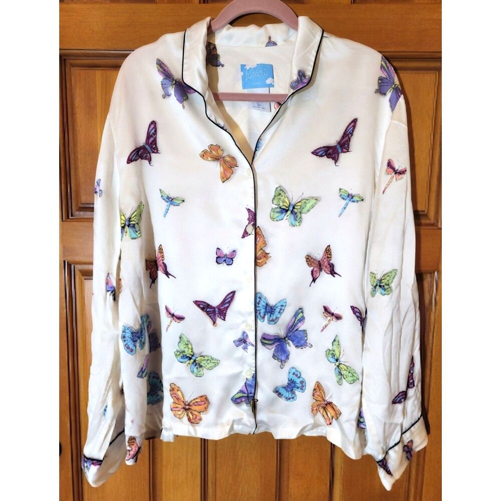 Nick & Nora White Pajama Top 100% Silk Butterflies & Dragonflies Women's Size 2X